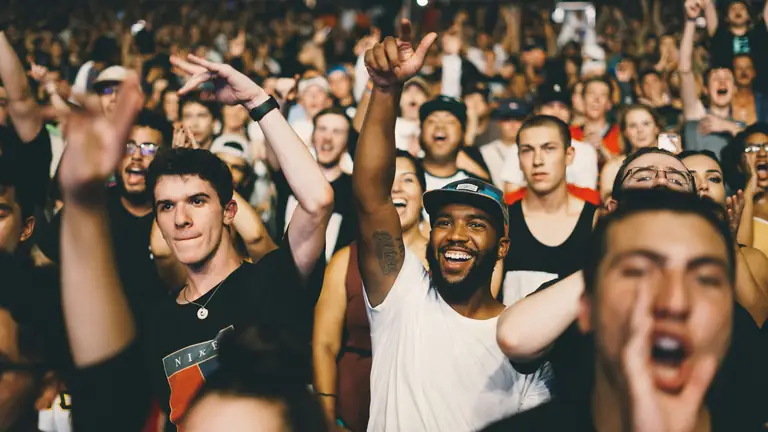 A crowd of fans shouting along with their arms raised.
