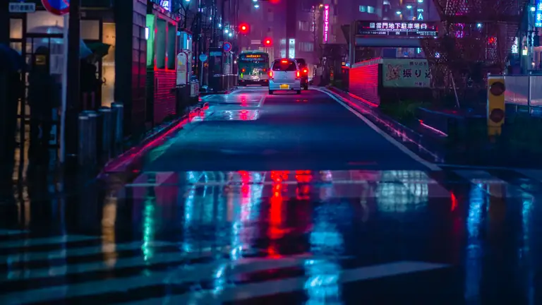 A wet city street at night, lit by neon.